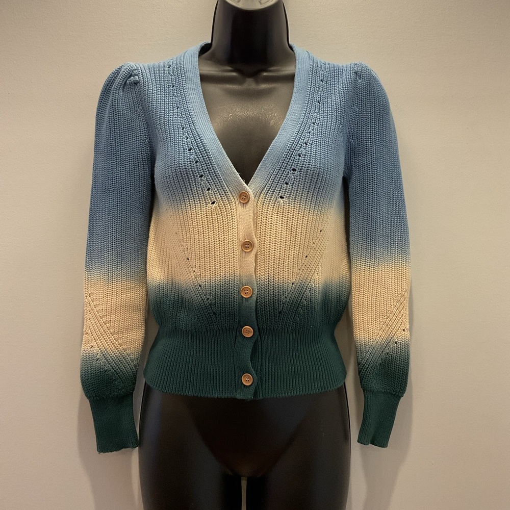 Veronica Beard Parula Cardigan XS Blue Ivoryβ Green Ombre Dip Dye Knit - Picture 2 of 8